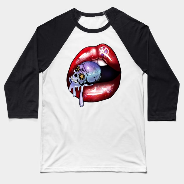 Halloween Red Vampire Lips and skull Baseball T-Shirt by MZeeDesigns